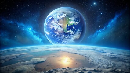Wall Mural - a celestial dance of blue and white, a cosmic ballet of light and shadow, where a luminous sphere ha