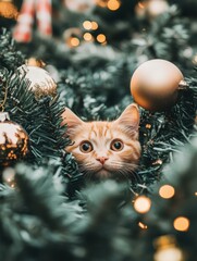 Wall Mural - A curious cat peeks out from behind a Christmas tree. AI.