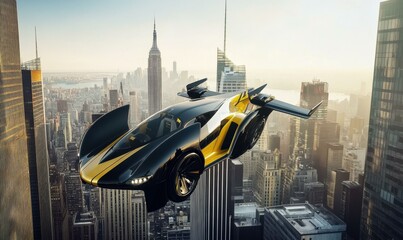 Canvas Print - A flying car soaring over a city skyline. AI.