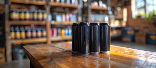 Sticker - Four black cans on a wooden table in a store.