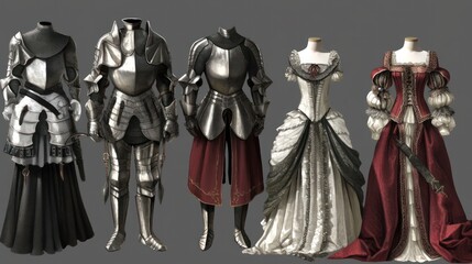 A series of costumes, including a knight's armor and a princess's gown