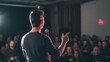 © N7 - Startup Pitch Event: An entrepreneur pitching their startup idea to a group of potential investors at a pitch event, highlighting public speaking and persuasion.