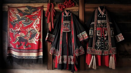 Three black and red gowns are hanging on a wall