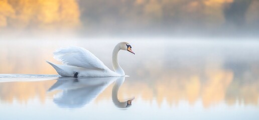 Poster - A solitary swan glides serenely through a misty lake, its reflection mirroring the peacefulness of the morning.