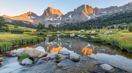 Mountain peaks reflected in a still lake. AI.