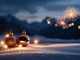 Decorative Christmas ornaments with lights and fireworks against a wintry backdrop.