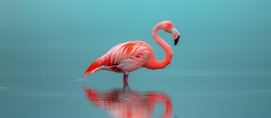 Wall Mural - A single pink flamingo standing in shallow water with its reflection in the water.