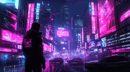 Poster - A man stands in the rain in a city with neon lights and signs