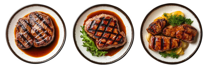 Wall Mural - Set of a grilled meat on plates cutlets in a juicy brown sauce, isolated on a transparent background.