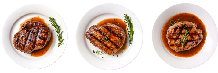 Wall Mural - Set of a grilled meat on plates cutlets in a juicy brown sauce, isolated on a transparent background.