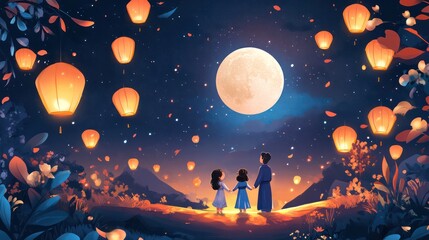 Wall Mural - A painting of a family of three children