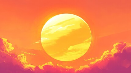 Poster - A large yellow sun is in the sky with a few clouds