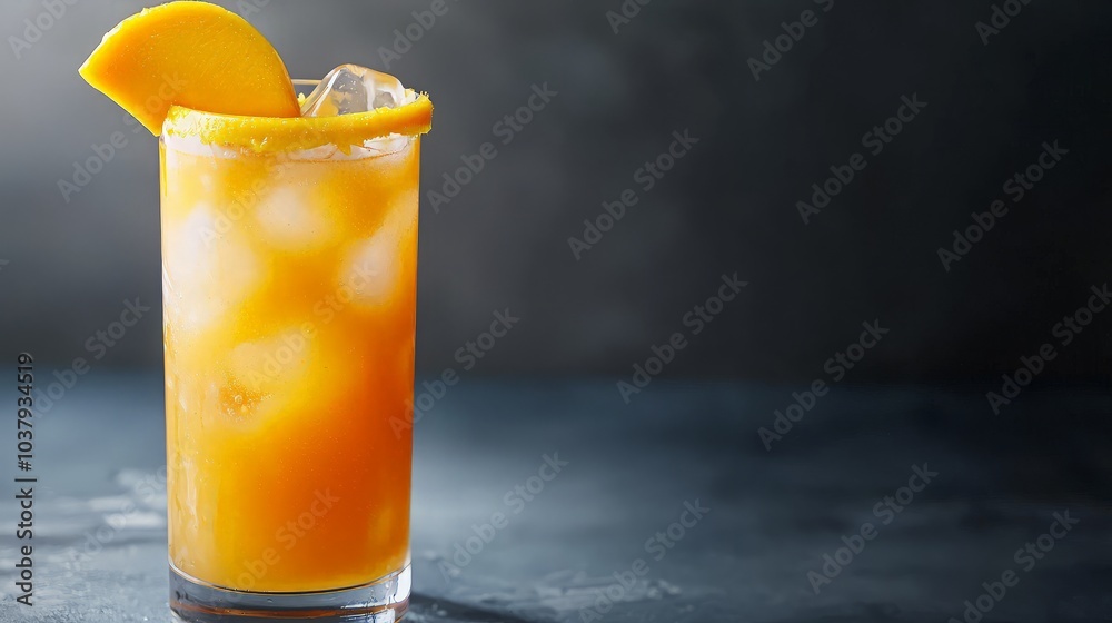 Refreshing orange cocktail with ice cubes and a mango slice garnish in ...