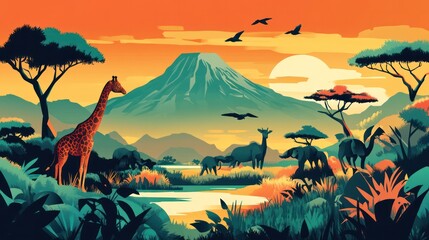 Poster - A painting of a savanna with a giraffe and a mountain in the background