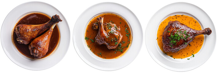 Wall Mural - Set of a roasted duck legs on plates with a sweet and tangy orange sauce, isolated on a transparent background.