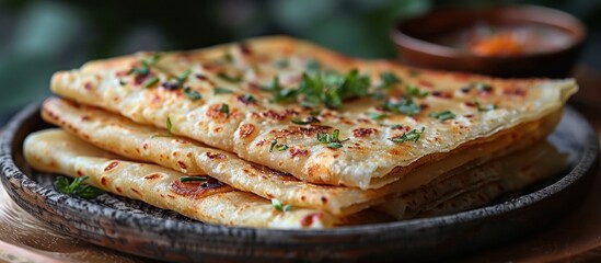 Wall Mural - A stack of thin, crispy flatbreads with herbs on top, on a rustic wooden platter.