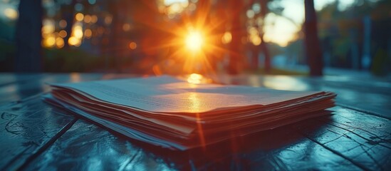 Sticker - Stack of papers on a wooden surface with sunset in the background.