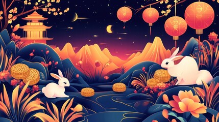 A painting of a mountain landscape with two white rabbits and lanterns