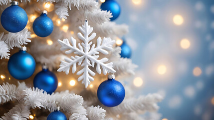 A white Christmas tree with blue decoration balls and star on blurry background