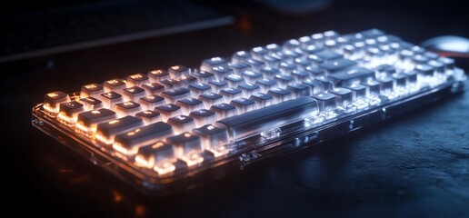 A transparent mechanical keyboard with orange and blue backlighting on a dark surface.