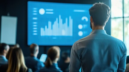 Aufkleber - A man stands in front of a large screen displaying graphs and charts