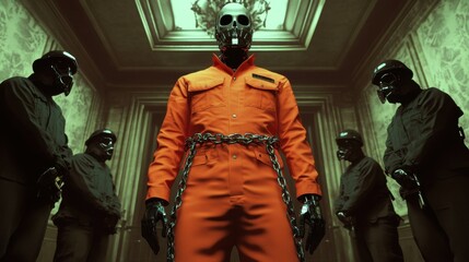 Poster - AI robot in court, dressed as a prisoner in an orange jumpsuit, with chains and guards, depicting a dystopian future of AI regulation and legal issues.