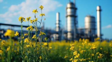 A field of yellow flowers is in front of a large industrial plant