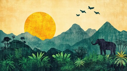 Poster - A painting of a mountain range with a large elephant in the foreground