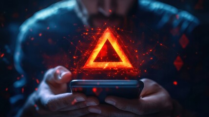 Poster - Close-up of man hand gripping phone displaying a red triangle warning symbol, digital danger concept surrounding him