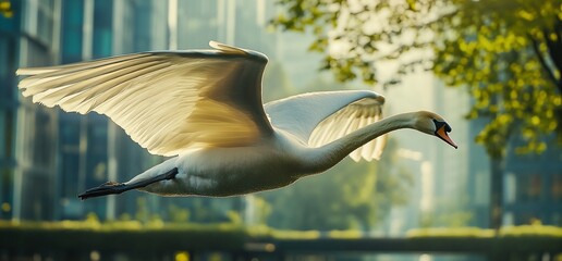 A white swan in flight with outstretched wings, soaring past a cityscape with trees in the background.