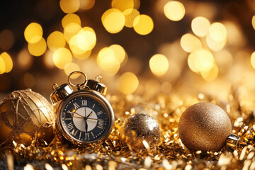 Poster - Clock and Christmas ornaments on gold background.