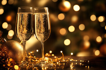 Canvas Print - Two champagne glasses with festive Christmas lights in the background.