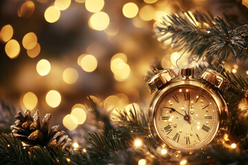 Gold clock hanging on Christmas tree with twinkling lights, symbolizing festive decoration and holiday spirit.