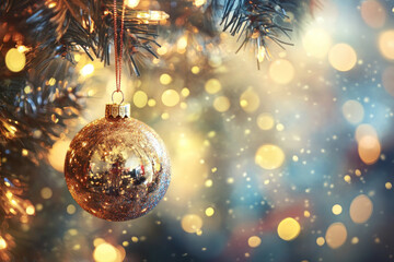 Canvas Print - Christmas ball hanging on a festive tree, glowing with colorful lights.