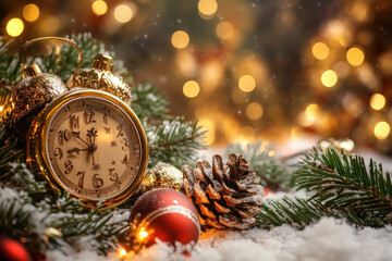 Poster - A clock surrounded by Christmas decorations against a snowy backdrop.