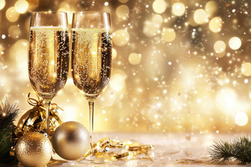 Canvas Print - Two glasses of champagne with Christmas decorations and gold ba.