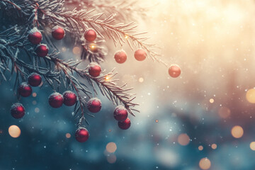 Canvas Print - Christmas tree with red berries and snow in a winter forest.