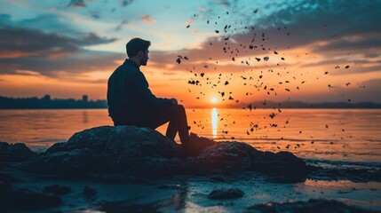 Wall Mural - a man sits on a rock by the water, watching the sun set