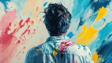 Poster - A man with blue hair stands in front of a colorful wall with splatters of paint