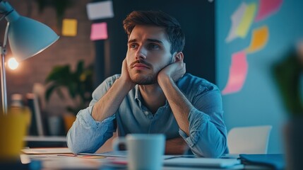 Aufkleber - A man is sitting at a desk with a cup of coffee and a stack of papers