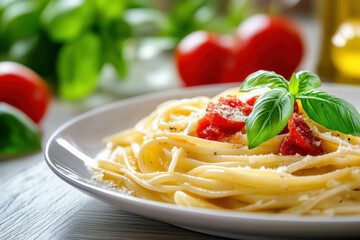 Plate of pasta with tomato and basil, garnished with grated cheese, on a rustic wooden table, surrounded by a fork and a glass of red wine.