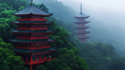 Two traditional Japanese pagodas stand tall amidst a lush green forest, shrouded in mist.