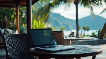 Poster - A laptop is open on a table in front of a beach