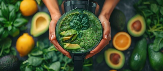 Poster - Woman's hands holding a blender filled with green smoothie ingredients, including avocado and spinach.