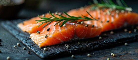 Sticker - Fresh raw salmon fillets seasoned with rosemary and peppercorns on a black slate board.