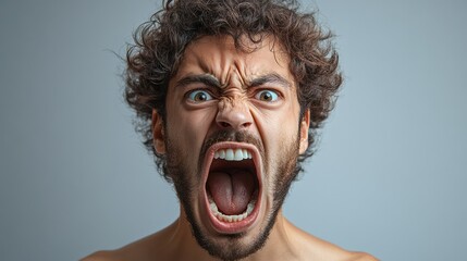 Poster - A man with a beard and a mouth wide open, looking angry
