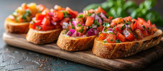 Wall Mural - Close up of three bruschetta with diced tomatoes, red onion, parsley, and basil on a wooden board.