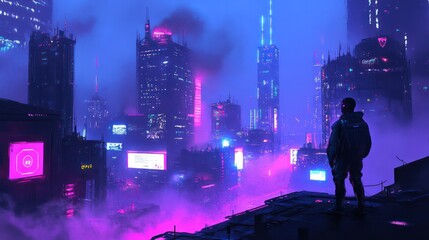 Poster - A man stands on a rooftop in a cityscape with neon lights and a foggy atmosphere