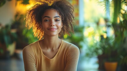 Poster - A woman with curly hair is smiling and wearing a yellow shirt