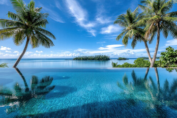 Palm trees sway by a serene pool with the ocean as backdrop.